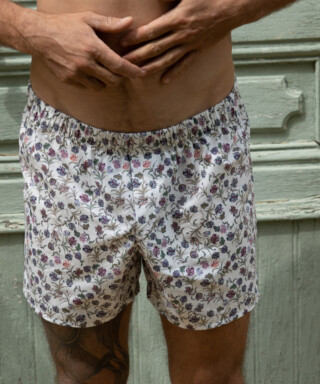 Fleurs Pois et Cie - Caleçon 100% coton coupe américaine  made in France. – Bleu/Violet/Blanc