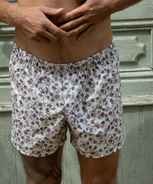 Fleurs Pois et Cie - Caleçon 100% coton coupe américaine  made in France. – Bleu/Violet/Blanc