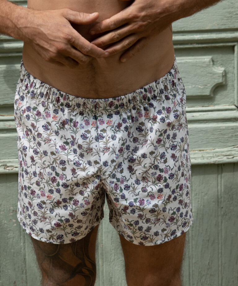 Fleurs Pois & Cie - Caleçon 100% coton coupe américaine  made in France. - Bleu/Violet/Blanc