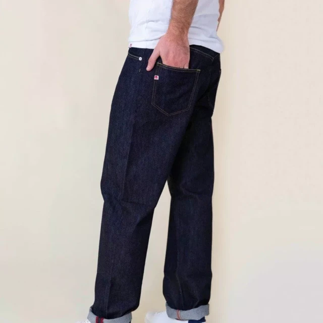 1083 - JEANS TAILLE HAUTE LARGE 115N marine brut coton bio superdenim Homme