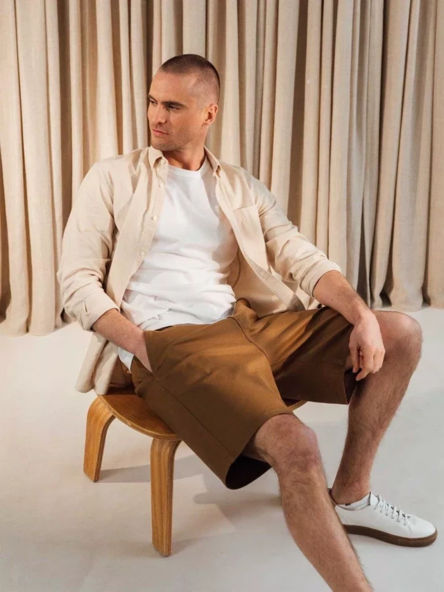 1083 - BERMUDA CHINO LARGE 174N coton bio filidenim flex uni marron clair Homme