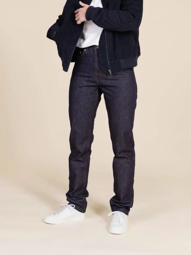 1083 - JEANS DROIT 201H taille haute 100 % coton bio superdenim indigo brut