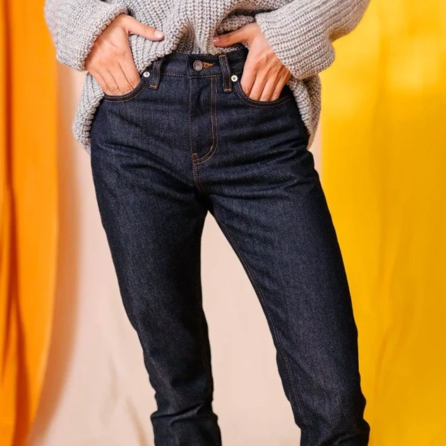 1083 - JEANS DROIT 201H taille haute 100 % coton bio superdenim indigo brut