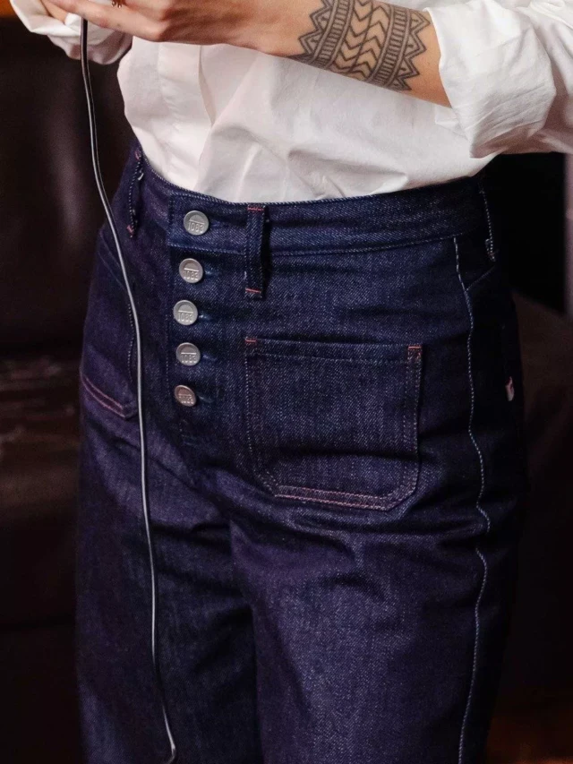 1083 - JEANS LARGE 221H  flex taille haute coton bio indigo brut