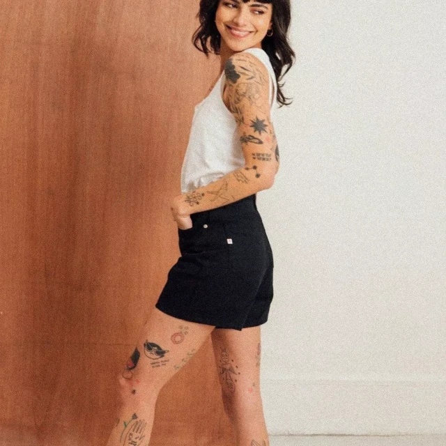 1083 - SHORT JEANS NOIR 276H  taille haute coton bio superdenim Femme