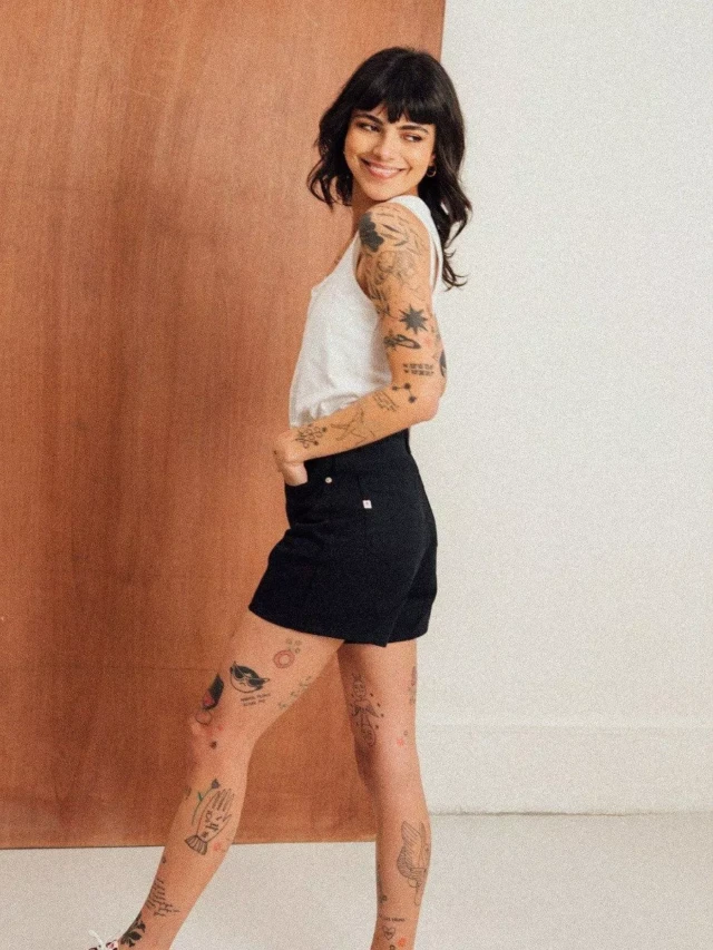 1083 - SHORT JEANS NOIR 276H  taille haute coton bio superdenim Femme