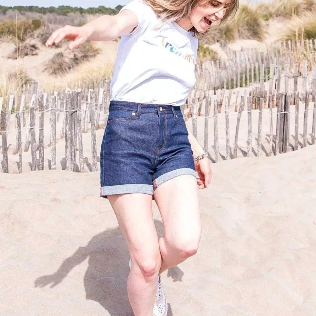 1083 - SHORT JEANS 276H LARGE taille haute coton bio indigo brut