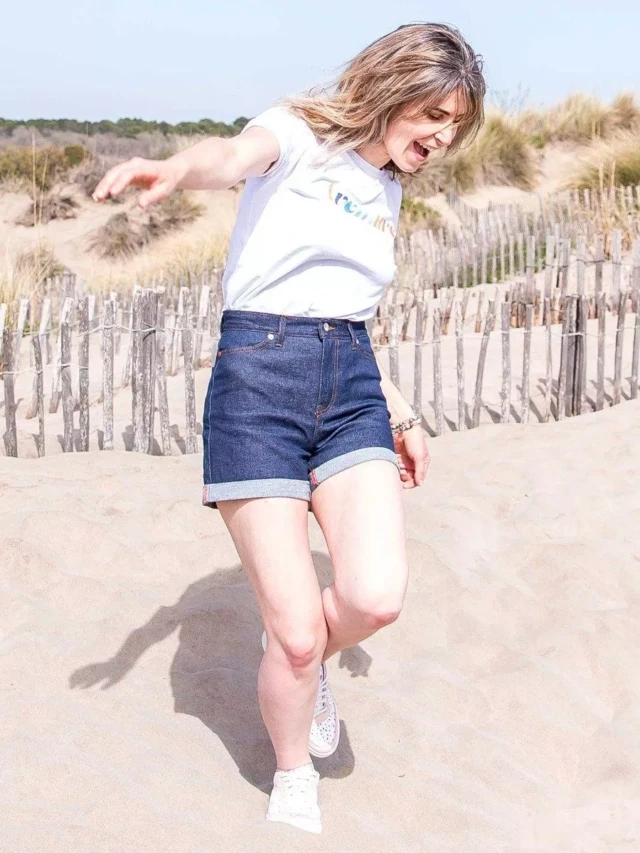 1083 - SHORT JEANS 276H LARGE taille haute coton bio indigo brut