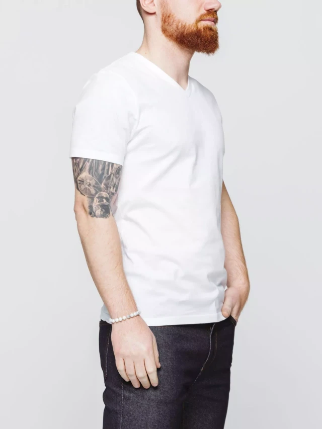 1083 - T-SHIRT COL V 301 UNI coton bio blanc Homme