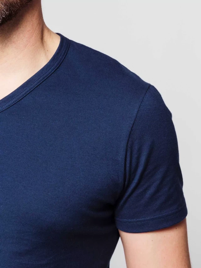 1083 - T-SHIRT COL V 301 UNI coton bio bleu marine Homme