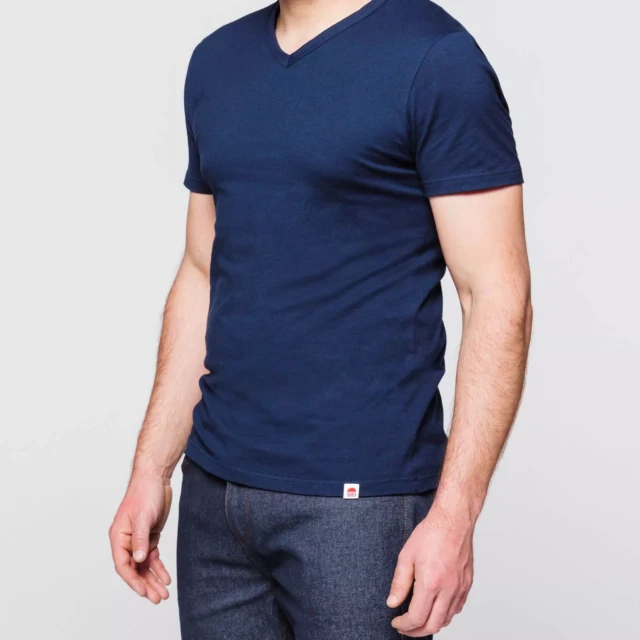 1083 - T-SHIRT COL V 301 UNI coton bio bleu marine Homme