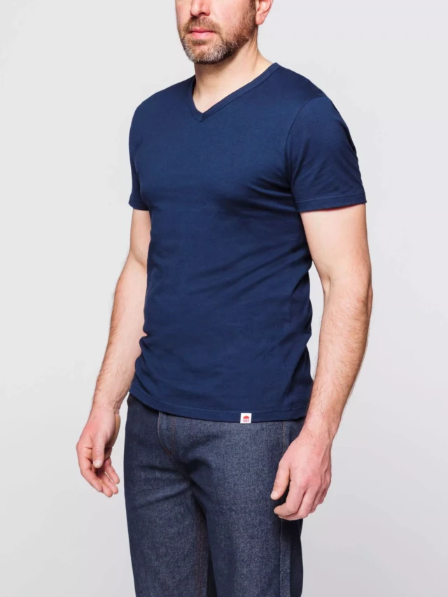 1083 - T-SHIRT COL V 301 UNI coton bio bleu marine Homme