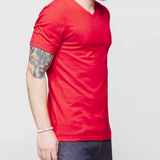 1083 - T-SHIRT COL V 301 UNI coton bio rouge Homme