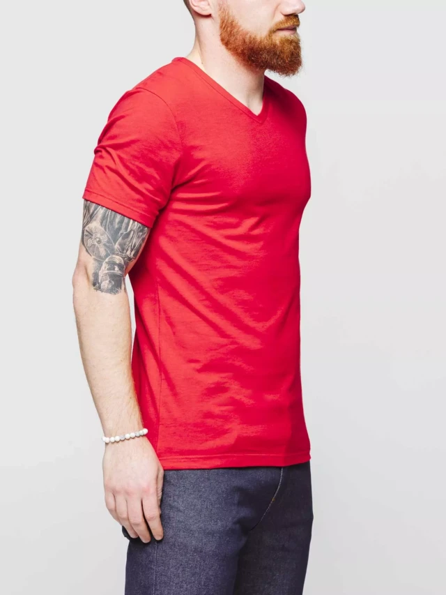 1083 - T-SHIRT COL V 301 UNI coton bio rouge Homme