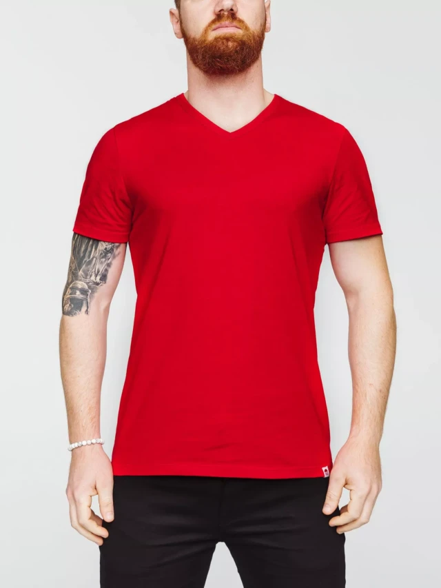 1083 - T-SHIRT COL V 301 UNI coton bio rouge Homme