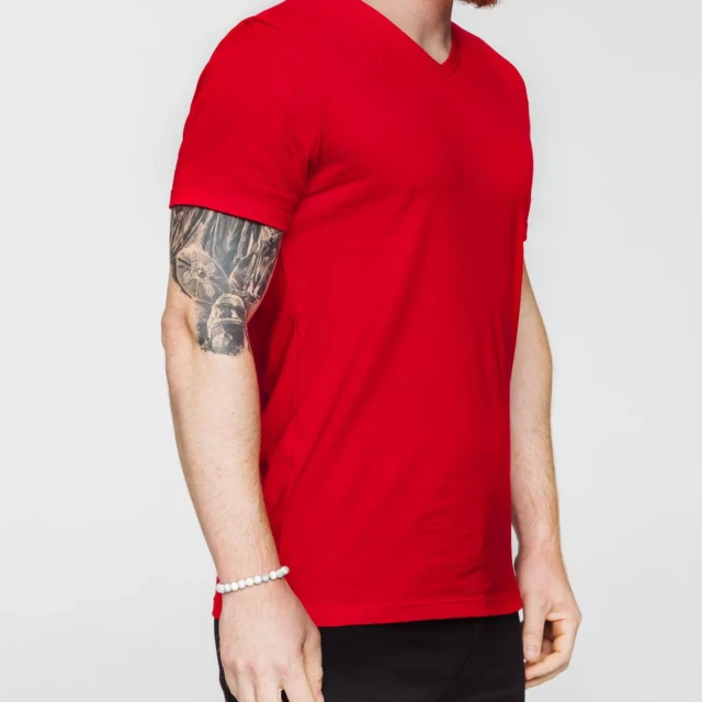 1083 - T-SHIRT COL V 301 UNI coton bio rouge Homme