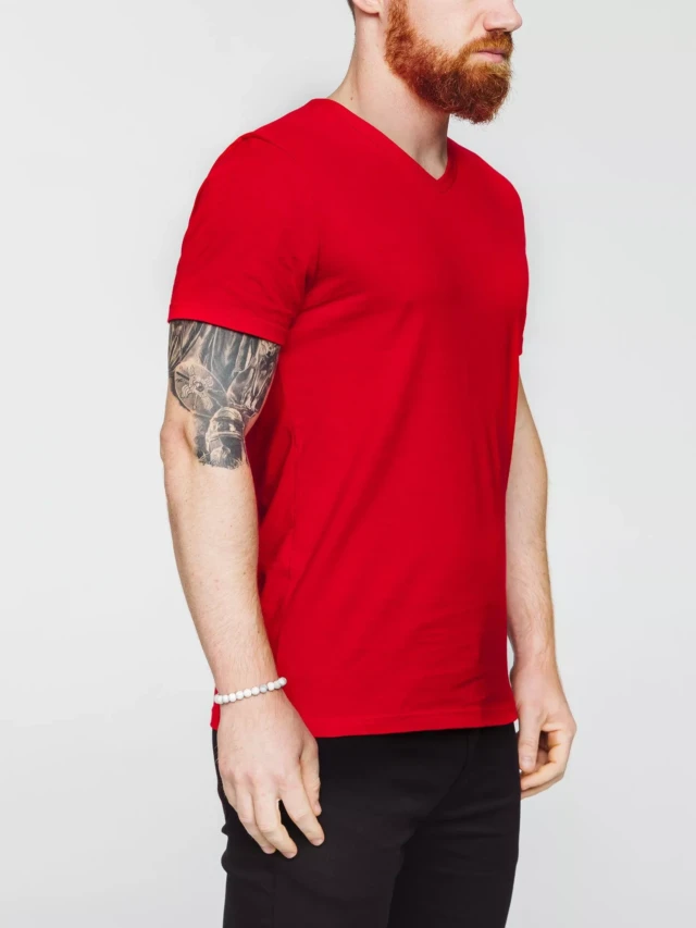1083 - T-SHIRT COL V 301 UNI coton bio rouge Homme