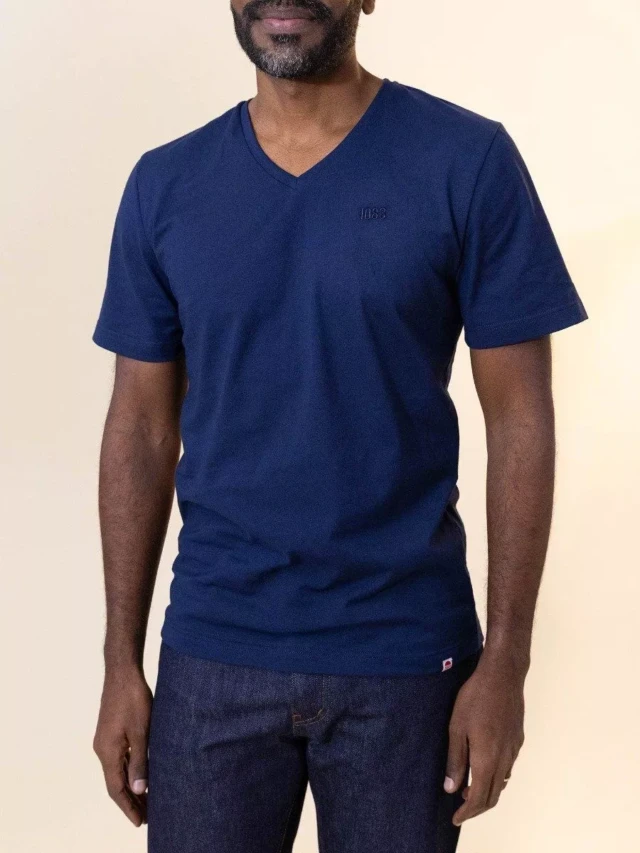 1083 - T-SHIRT BRODE COL V 301 UNI coton bio bleu marine Homme