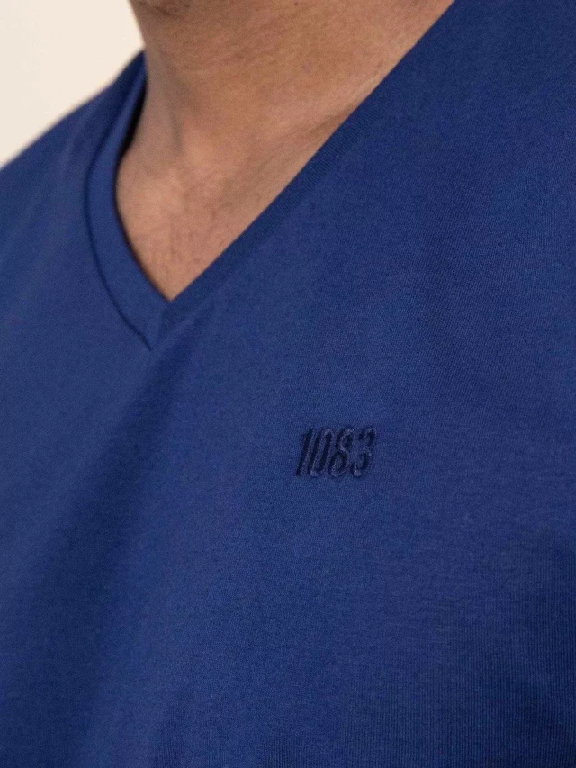 1083 - T-SHIRT BRODE COL V 301 UNI coton bio bleu marine Homme