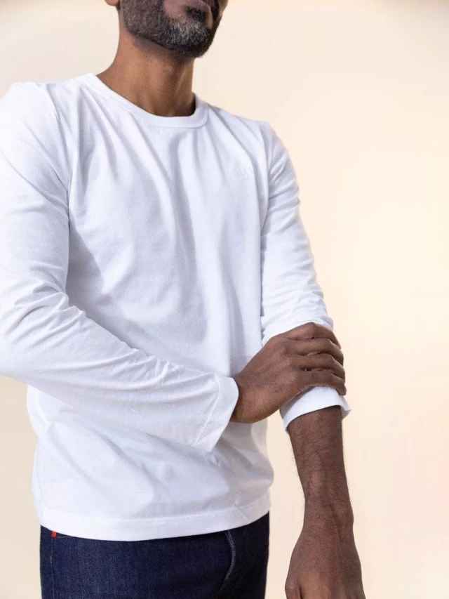 1083 - T-SHIRT BRODE MANCHES LONGUES DROIT 305 UNI coton bio blanc Homme