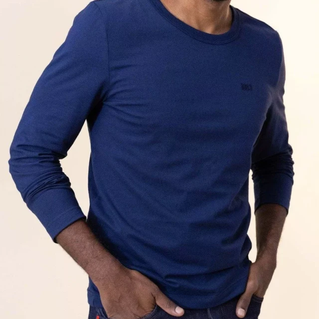 1083 - T-SHIRT BRODE MANCHES LONGUES DROIT 305 UNI coton bio bleu marine Homme