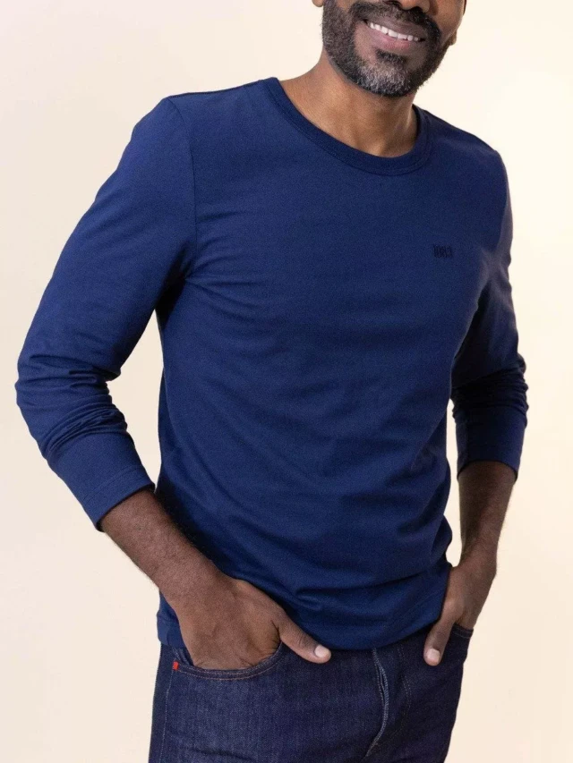 1083 - T-SHIRT BRODE MANCHES LONGUES DROIT 305 UNI coton bio bleu marine Homme