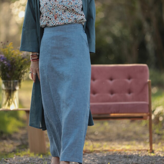 Quintessence - Jupe longue Maya - lin chiné denim