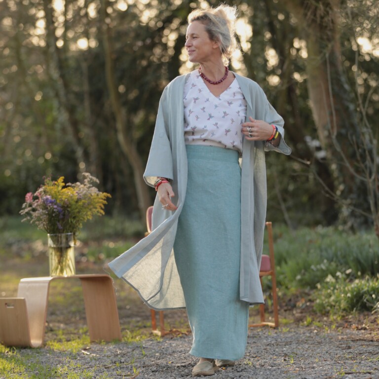 Meta SS25 - Jupe longue Maya - lin chiné bleu doux – L