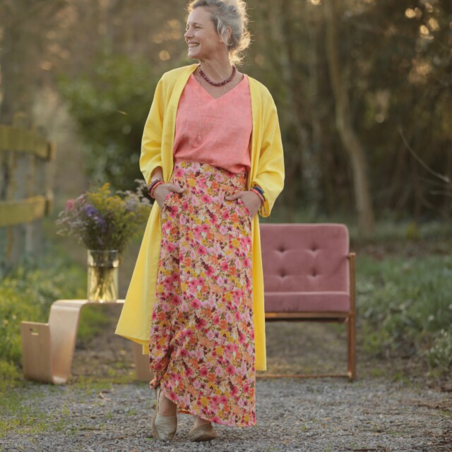 Quintessence - Jupe longue Maya – Double gaze de coton “Fleurs en Feu”