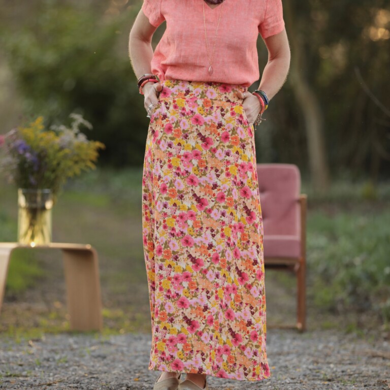 Meta SS25 - Jupe longue Maya - Double gaze de coton “Fleurs en Feu” – L