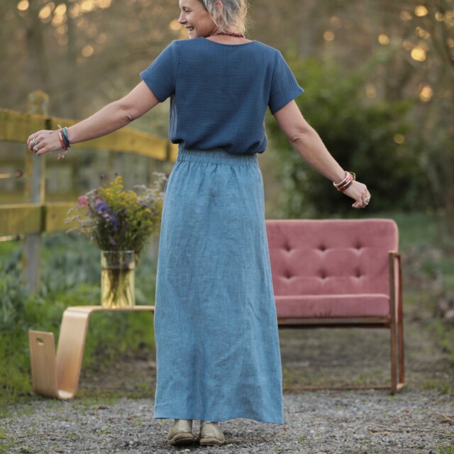 Quintessence - Jupe longue Maya - lin chiné denim