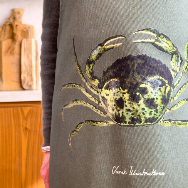 varek.illustrations - Tablier Vert Fougère 100% coton : Le Crabe Vert