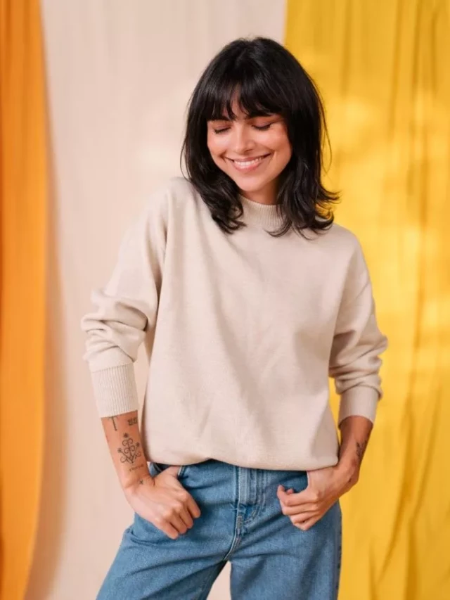 1083 - PULL LAINE MERINOS LARGE 653 sable Femme