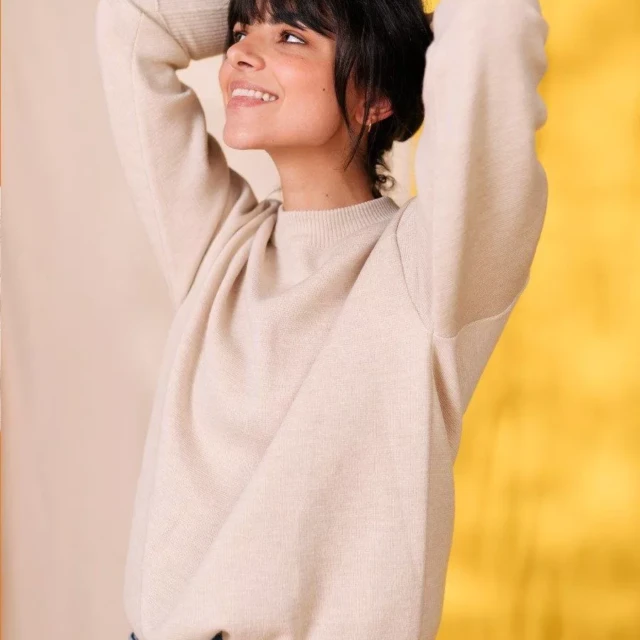 1083 - PULL LAINE MERINOS LARGE 653 sable Femme