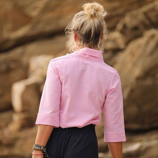 Quintessence - Blouse Catherine en seersucker de coton rose/blanc