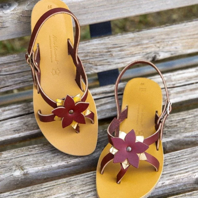 MAX VINCENT - SANDALES BRIDES CROISEES CEYLAN VESPERA cuir tannage vegetal bordeaux doré Femme