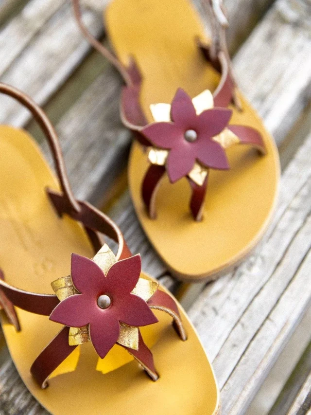 MAX VINCENT - SANDALES BRIDES CROISEES CEYLAN VESPERA cuir tannage vegetal bordeaux doré Femme