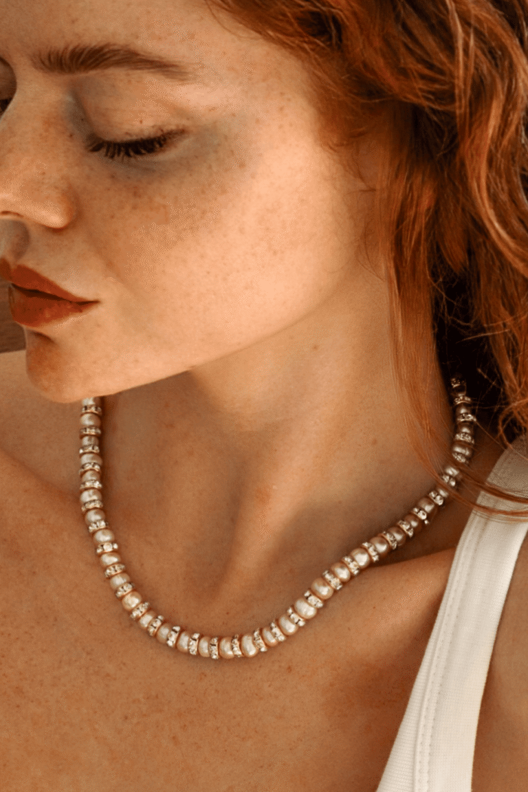 NEIJE - Parure Collier & Bracelet Perles de Culture Roses avec Diamants - Madame Bovary – L (poignet de 17 à 19 cm) / 50 cm + extension de 5 cm