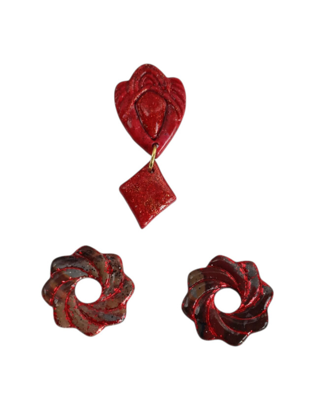 L’atelier de Patricia - Ensemble Cache-bouton + 2 pampilles rouge passion & or Rouge