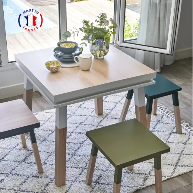Table carrée en bois massif ÉGÉE – extensible, 9 dimensions, 11 couleurs par la marque Mon petit meuble français Mon petit meuble français - Table carrée en bois massif ÉGÉE – extensible, 9 dimensions, 11 couleurs