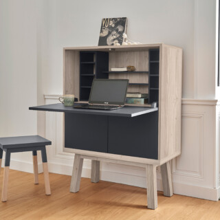 MON PETIT MEUBLE FRANÇAIS - Bureau secrétaire bois massif KUBE 90 cm - chêne laqué noir mat