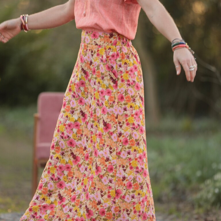 Meta SS25 - Jupe longue Maya - Double gaze de coton “Fleurs en Feu” – L