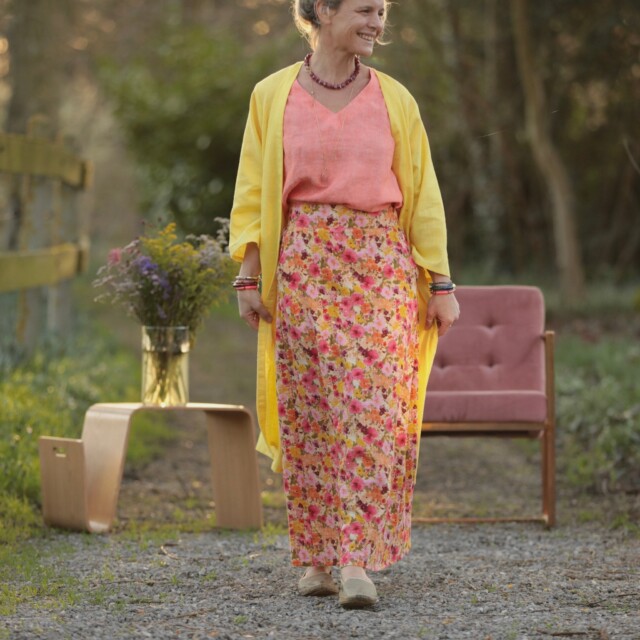 Quintessence - Jupe longue Maya - Double gaze de coton “Fleurs en Feu”