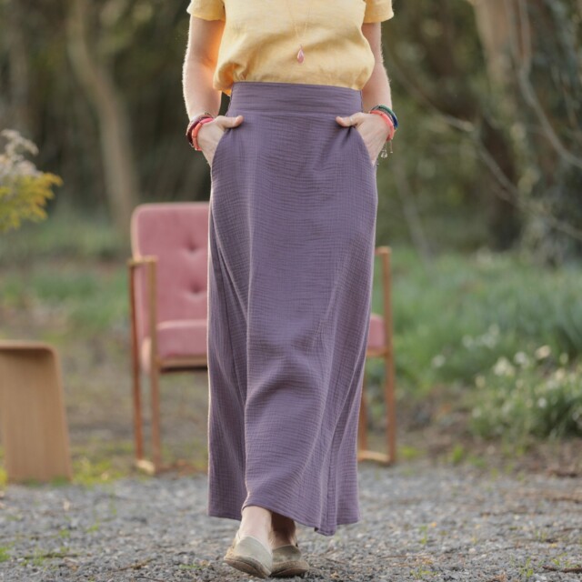 Quintessence - Jupe longue Maya - double gaze de coton prune
