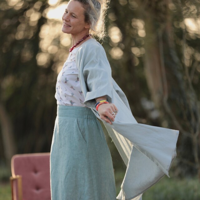 Quintessence - Jupe longue Maya - lin chiné bleu doux