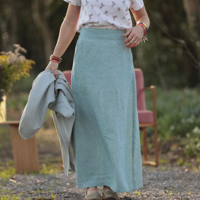 Quintessence - Jupe longue Maya – lin chiné bleu doux