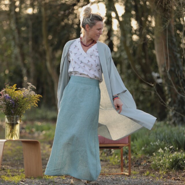 Quintessence - Jupe longue Maya - lin chiné bleu doux
