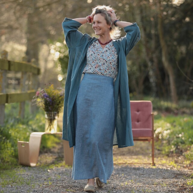 Quintessence - Jupe longue Maya - lin chiné denim