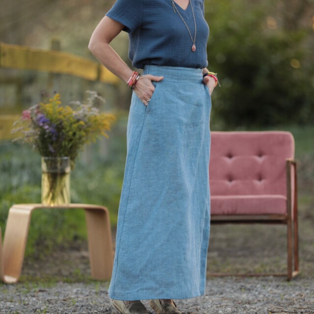 Quintessence - Jupe longue Maya - lin chiné denim