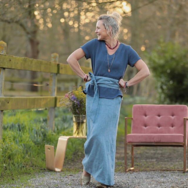 Quintessence - Jupe longue Maya - lin chiné denim